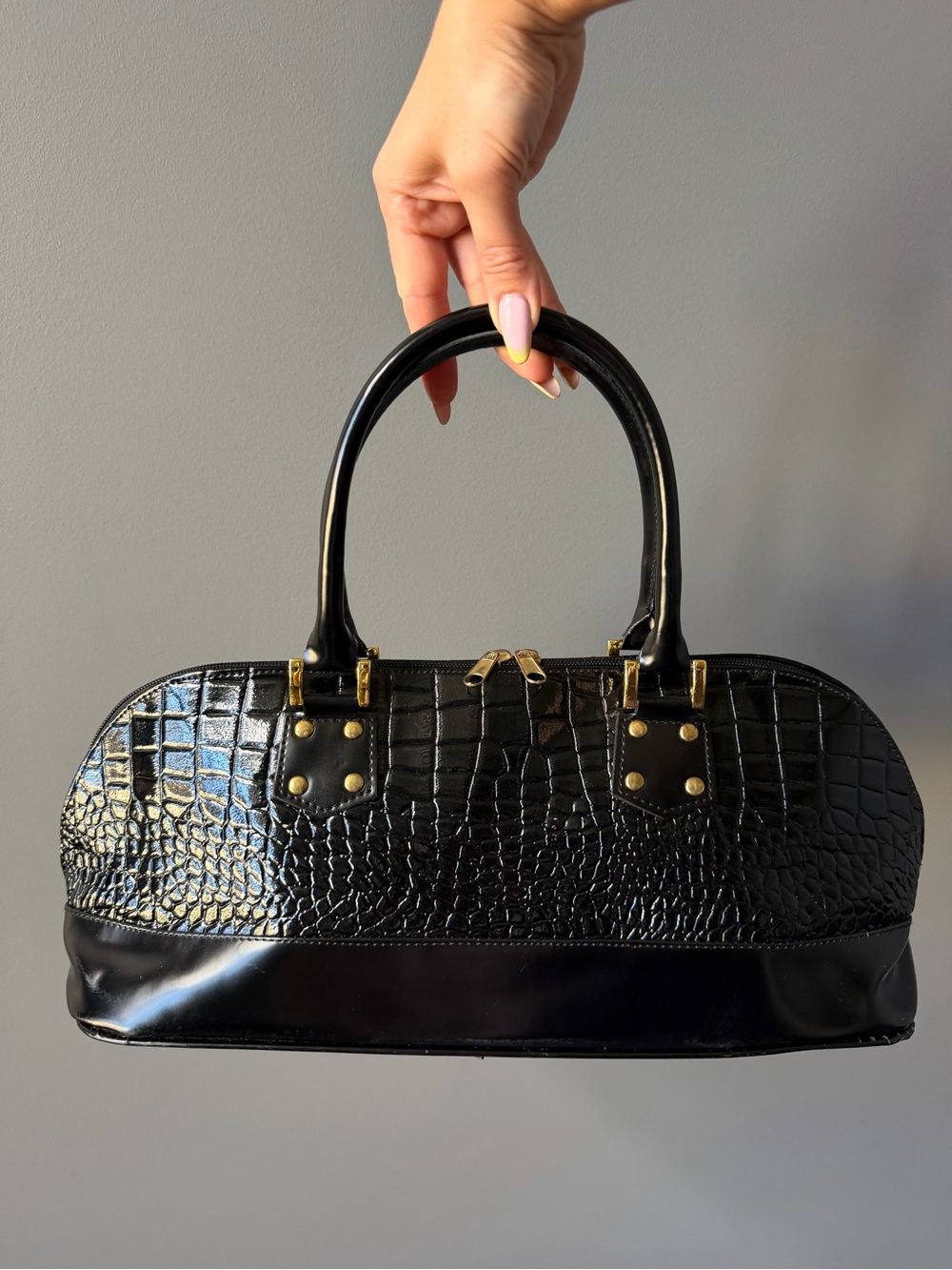 Black Faux Crocodile Embossed Dome Satchel Bag Gold Hardware